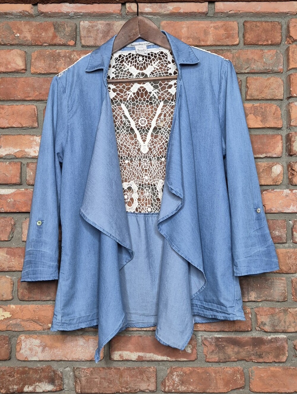 American Rag Chambray Waterfall Jacket Crochet Lace Back Draped Boho Duster